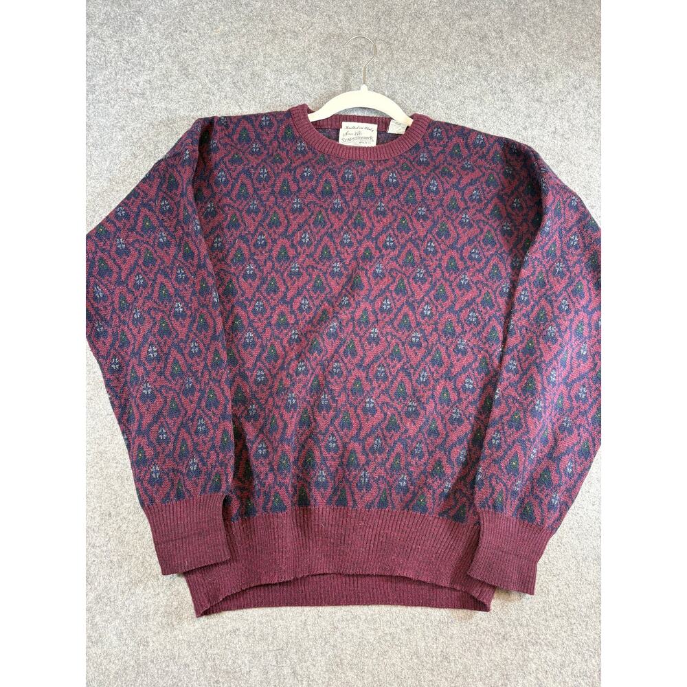 VINTAGE 80s Sears Roebuck Sweater Mens Burgundy Geometric Knit Wool 90s Large